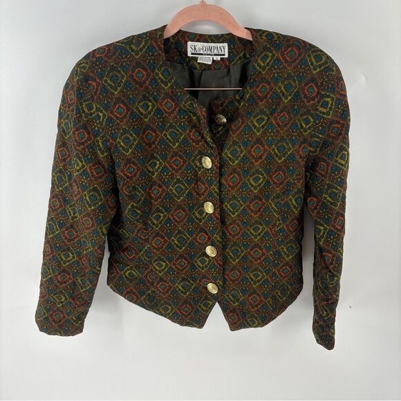 Vintage Jackets & Blazers - Vintage Brown and Green quilted Blazer with Geometric Pattern gold women’s 8